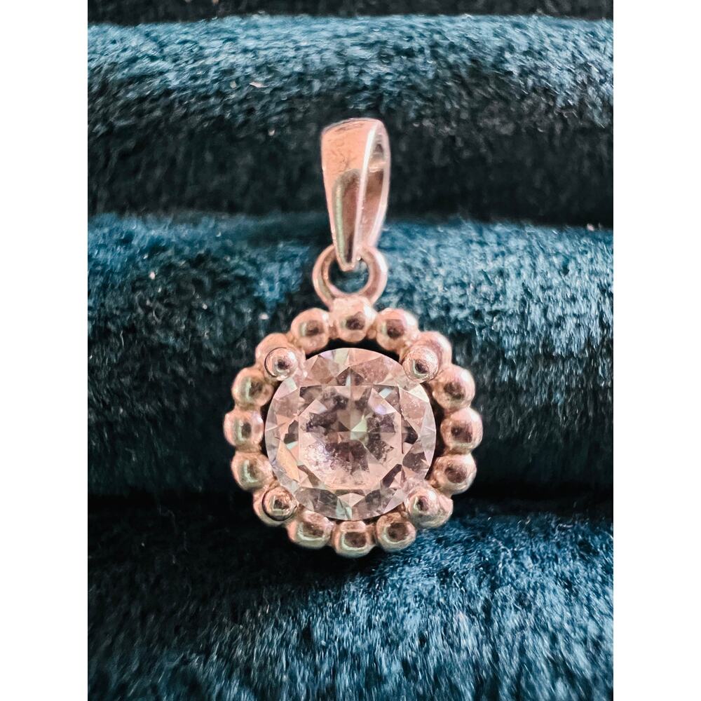 Stunning .925 Sterling Silver CZ Solitaire Pendant | Beaded Halo | Signed RL
